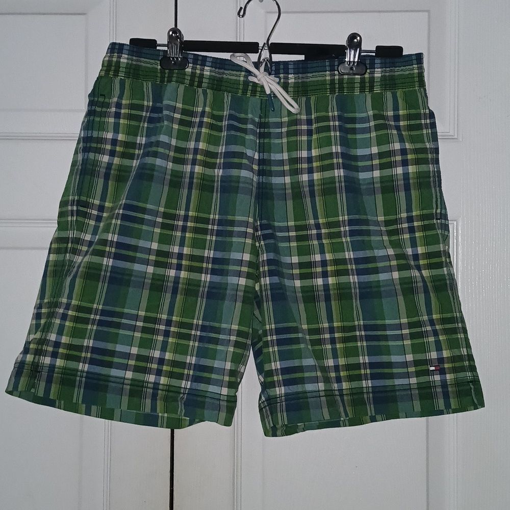 Tommy Hilfiger green blue plaid swim trunks bathing suit Sz L NWOT